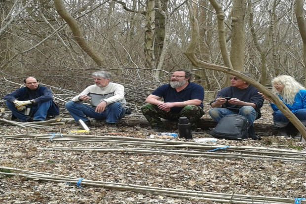 a line of volunteers sitting on a tree bark