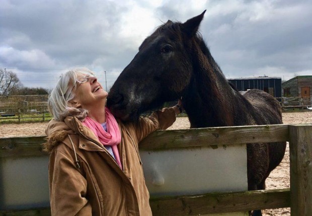 A horse snuggling up to a lady and making them smile