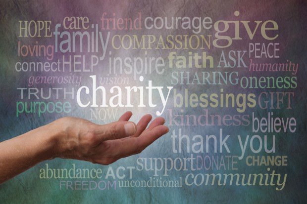 A banner that shows words to describe care, community, hope and charity